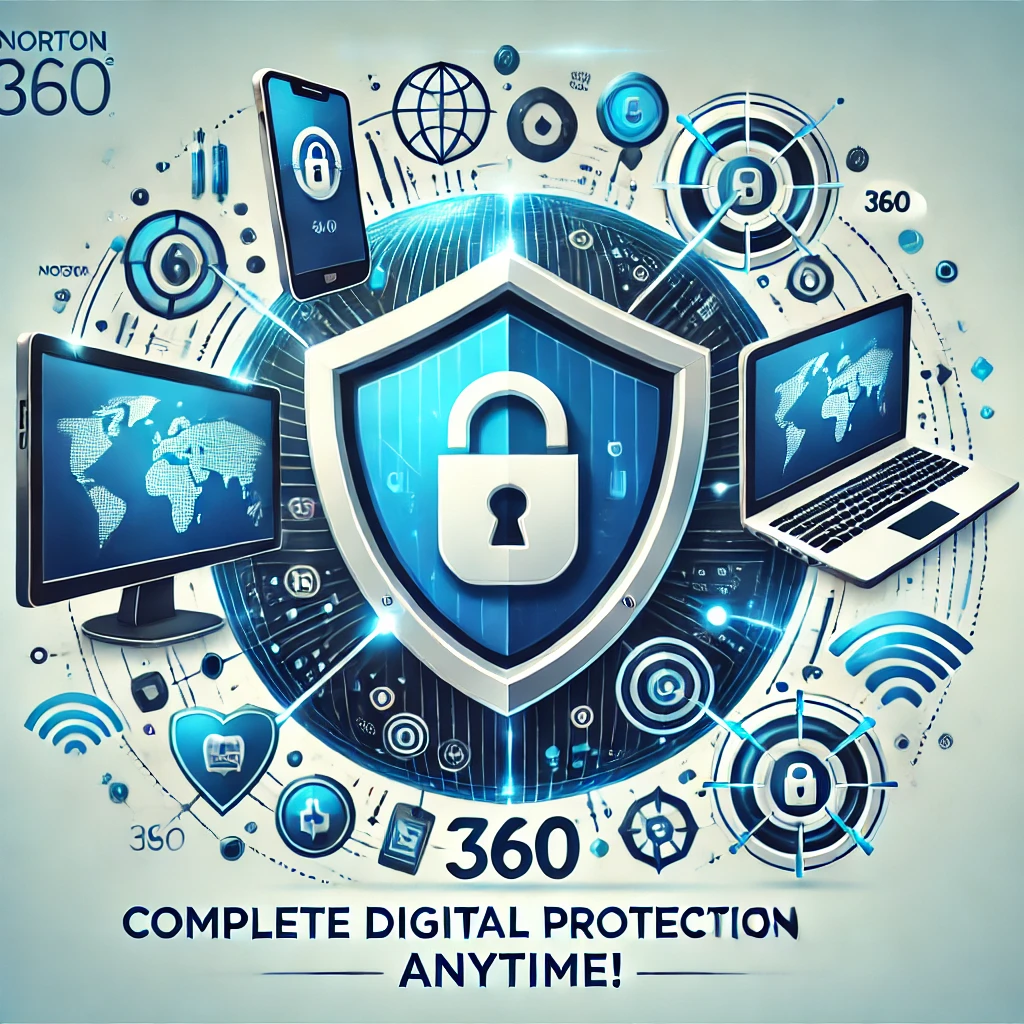 DALL·E 2024-12-15 22.48.59 - A visually appealing design for Norton 360 showcasing a shield icon representing security, a computer, smartphone, and tablet connected in a secure di