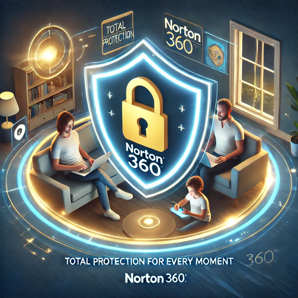 DALL·E 2024-12-15 22.49.06 - A modern and sleek Norton 360 advertisement visual. The design features a shield with glowing edges, a digital padlock, and a family using multiple de